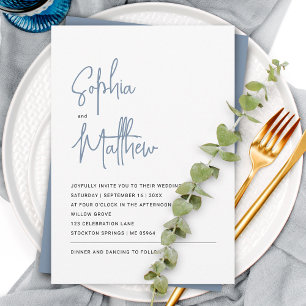 Invitation Moderne Minimaliste Script Bleu Poussiéreux   Mari