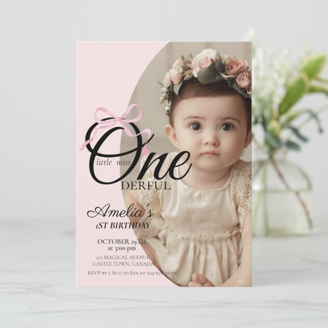 Invitation Moderne Miss Onederful Rose Bow 1er Anniversaire P (Debout devant)