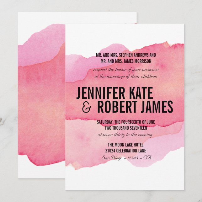 Invitation MODERNE MODERNE Minimal rose aquarelle MARIAGE NOI (Devant / Derrière)