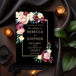 Invitation Moderne Moody Bourgogne Rose Floral Black Mariage