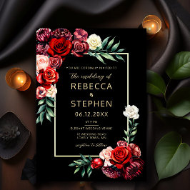 Invitation Moderne Moody Roses Rouge foncé Mariage noir