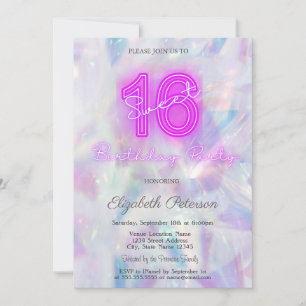 Invitation Moderne Néon Holographique Sweet 16