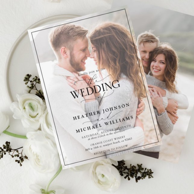 Invitation Moderne Noir Blanc Calligraphie Faux Vellum 2 Phot (Créateur téléchargé)