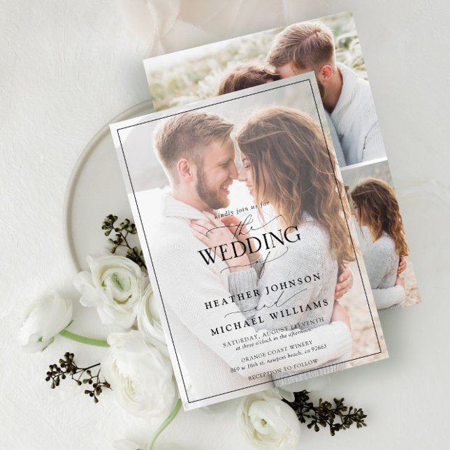 Invitation Moderne Noir Blanc Calligraphie Faux Vellum 4 Phot (Créateur téléchargé)