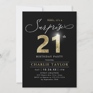 Invitation Moderne noir et or adulte surprise 21e anniversair