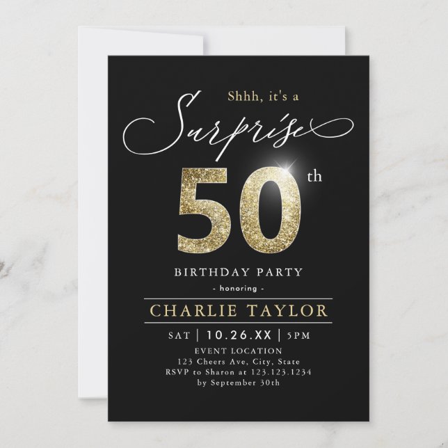 Invitation Moderne noir et or adulte surprise 50e anniversair (Devant)