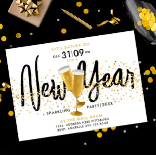 Invitation Moderne Nouvel An Champagne Gold Confetti