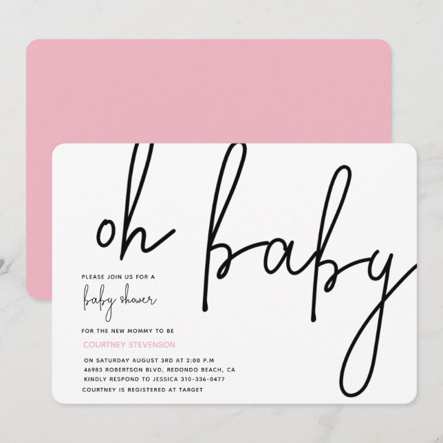 Invitation moderne Oh Baby Pink (Devant / Derrière)