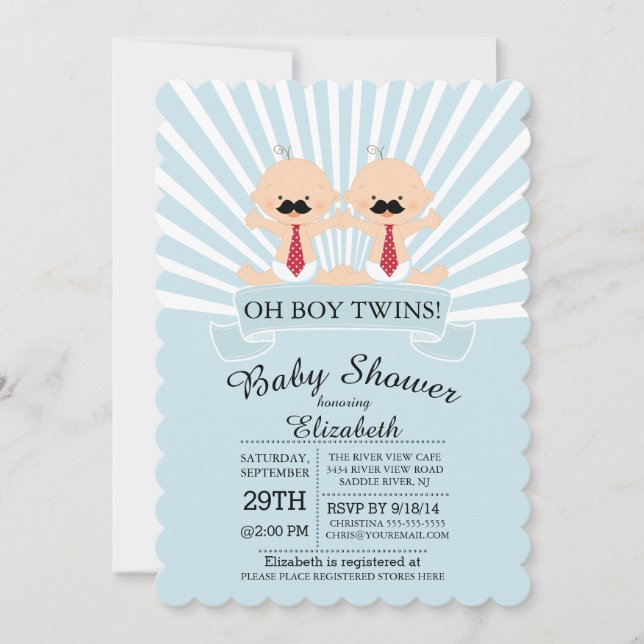Invitation Moderne Oh Boy Mustache Twin Boys Baby shower (Devant)