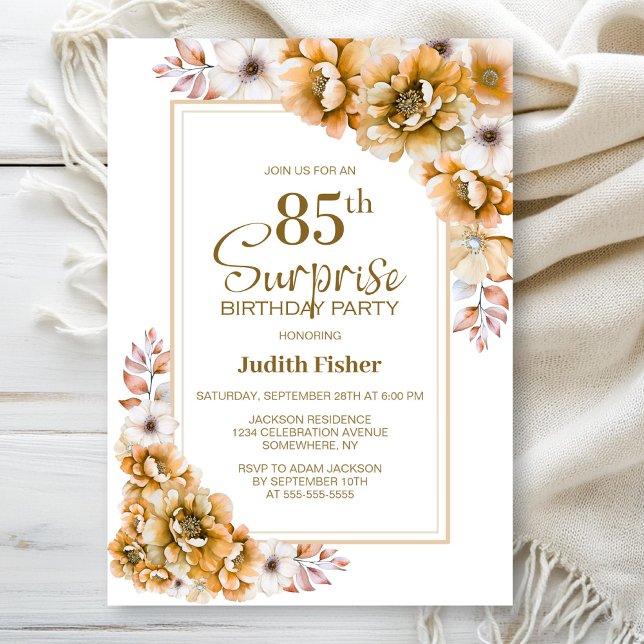 Invitation Moderne Orange Floral Surprise 85ème anniversaire (Créateur téléchargé)