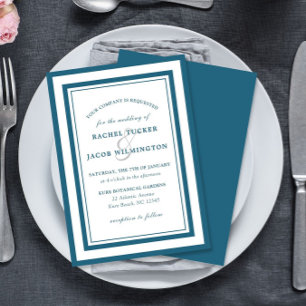 Invitation Moderne Patine Bleu & Blanc Bordure Simple Mariage