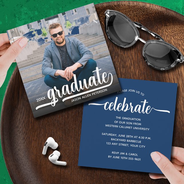 Invitation Moderne Photo Blue Graduation (Modern photo blue square graduation party invitations 5.25" x 5.25")