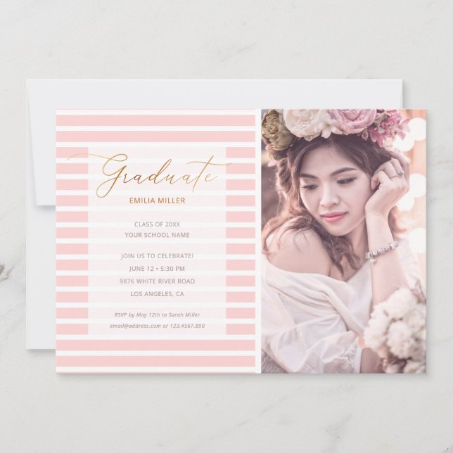 Invitation Moderne Photo Blush Pink Stripes Graduation (Devant)