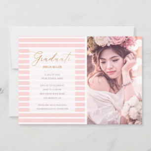 Invitation Moderne Photo Blush Pink Stripes Graduation