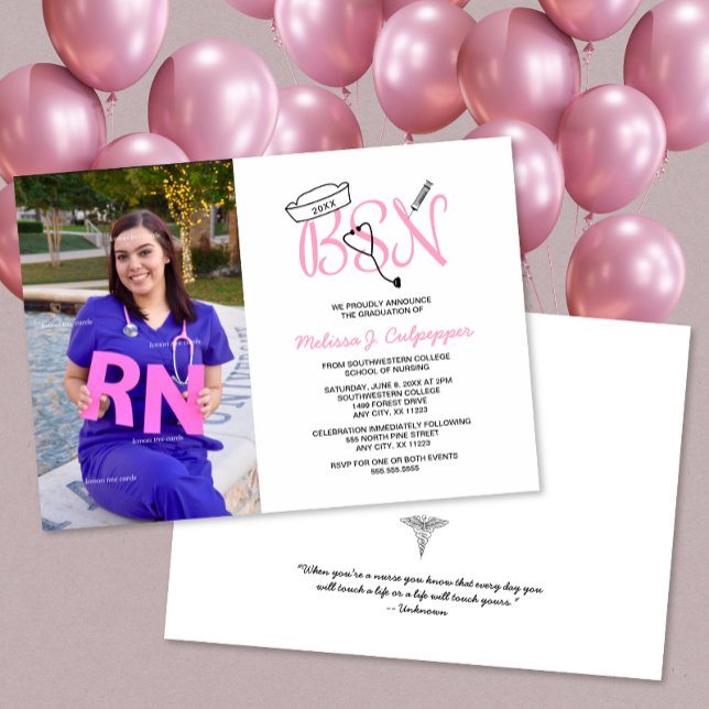 Invitation Moderne Pink BSN graduation infirmière (Créateur téléchargé)