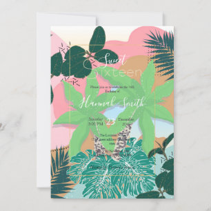 Invitation Moderne Pink Mint Tropical Foliage Design créatif