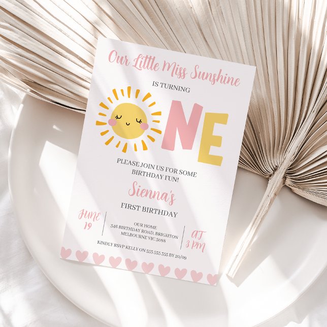 Invitation Moderne Pink Sun Little Miss Sunshine 1er annivers (Little Sunshine First Birthday  Invitation Template, Little Miss Sunshine 1st Birthday Invitation)