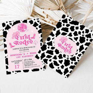 Invitation Moderne Pink Twins Cowgirl Premier Rodéo 1er Anniv