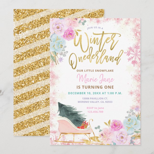 Invitation Moderne Pink Winter Onederland Anniversaire Invita (Devant / Derrière)