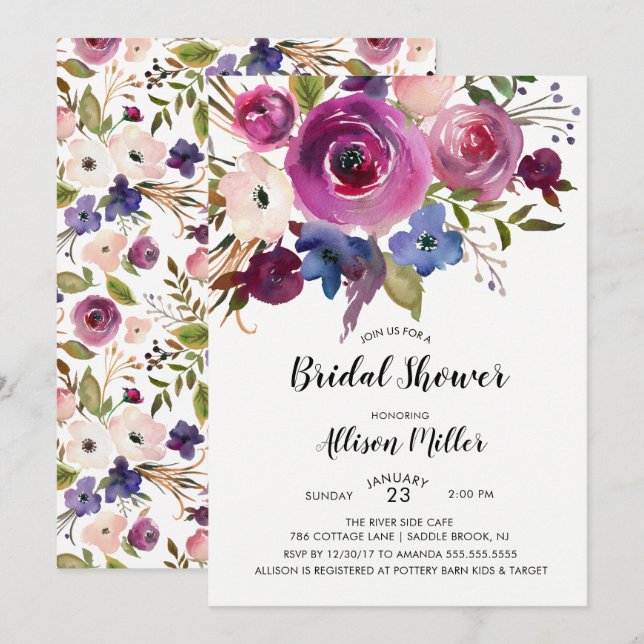 Invitation Moderne Plum Bleu Floral Douche nuptial (Devant / Derrière)