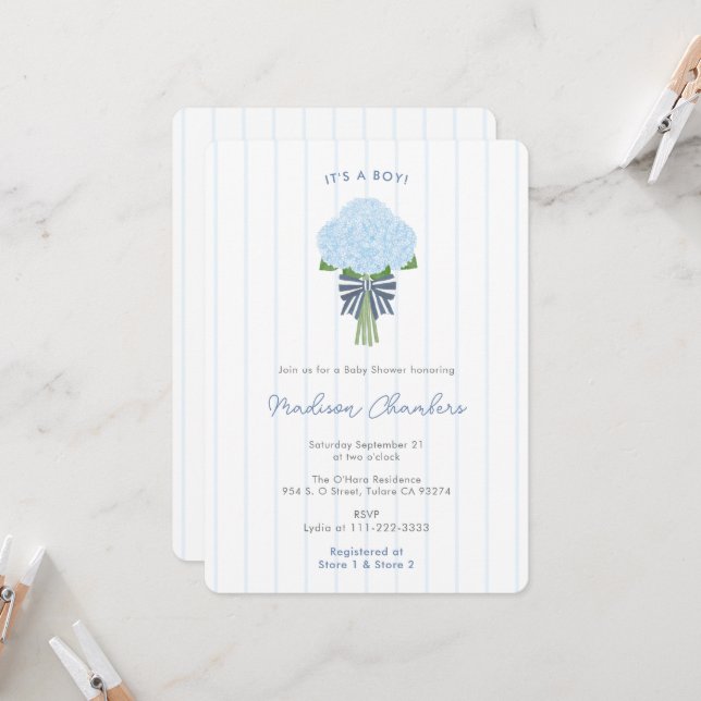 Invitation Moderne Preppy Blue Hydrangeas Baby Boy Douche (Devant/Arrière en situation)