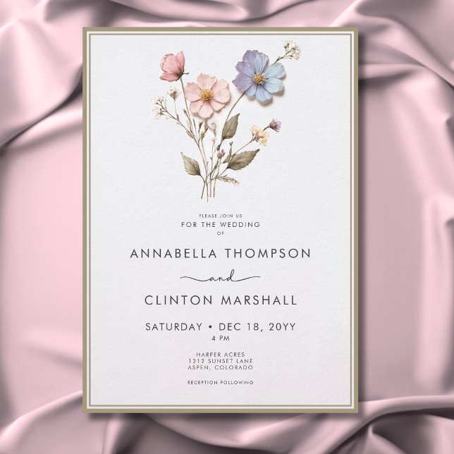 Invitation Moderne Pressé Pastel Fleur sauvage Sage Mariage (Modern Pressed Pastel Wildflowers Sage Wedding Invitation)