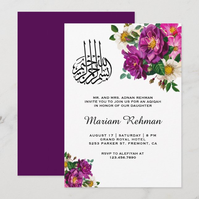 Invitation Moderne Purple Floral Baby Girl Aqiqah (Devant / Derrière)