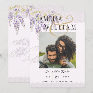 Invitation Moderne Purple Wisteria PHOTO Mariage Enregistrer 