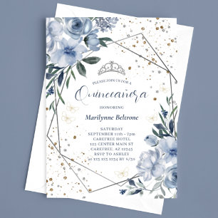 Invitation Moderne Quinceañera Bleu Poussiéreux Argenté