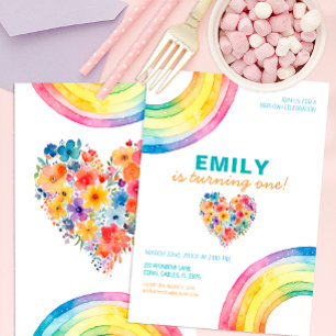 Invitation Moderne Rainbow Heart Floral Girl Anniversaire Inv