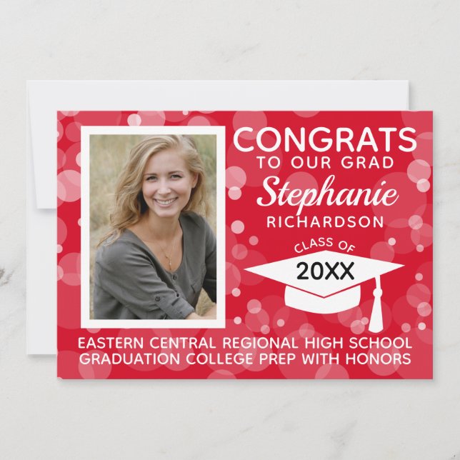 Invitation Moderne Red Bokeh Bubbles Photo Graduation (Devant)