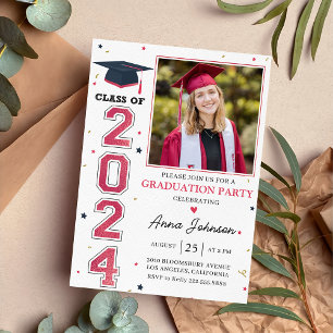 Invitation Moderne Red White Grad Photo Graduation 2024