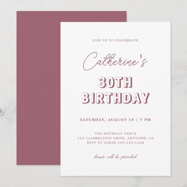 Invitation Moderne Retro Dusty Rose 30e fête d'anniversaire s (Devant / Derrière)