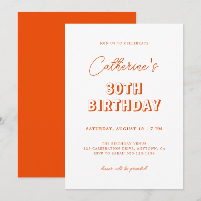 Invitation Moderne Retro Orange 30e fête d'anniversaire (Devant / Derrière)