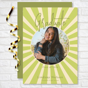 Invitation Moderne Retro Sage Green Sunburst Photo Graduation