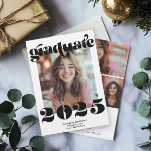 Invitation Moderne Rétro Simple Noir 4 Photo Graduation