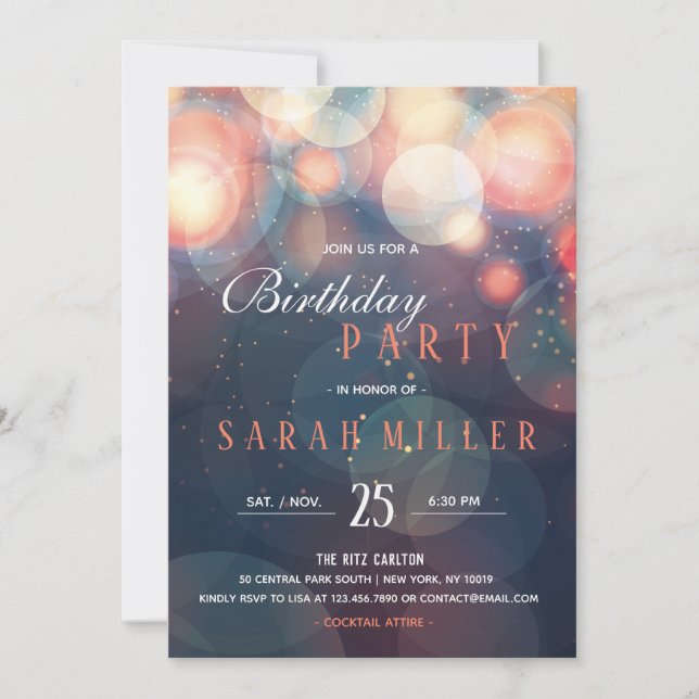 Invitation Moderne Romantique Bokeh Lumières Anniversaire Dîn (Devant)