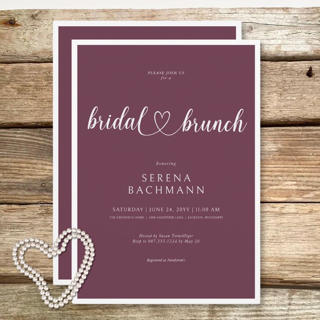 Invitation Moderne Romantique Minimale Bourgogne Brunch nupti (Modern Romantic Minimal Burgundy Bridal Brunch Invitation)