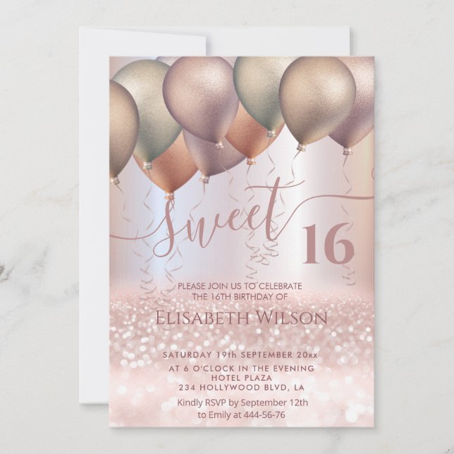 Invitation Moderne Romantique Rose or glittery ombre ballon (Devant)