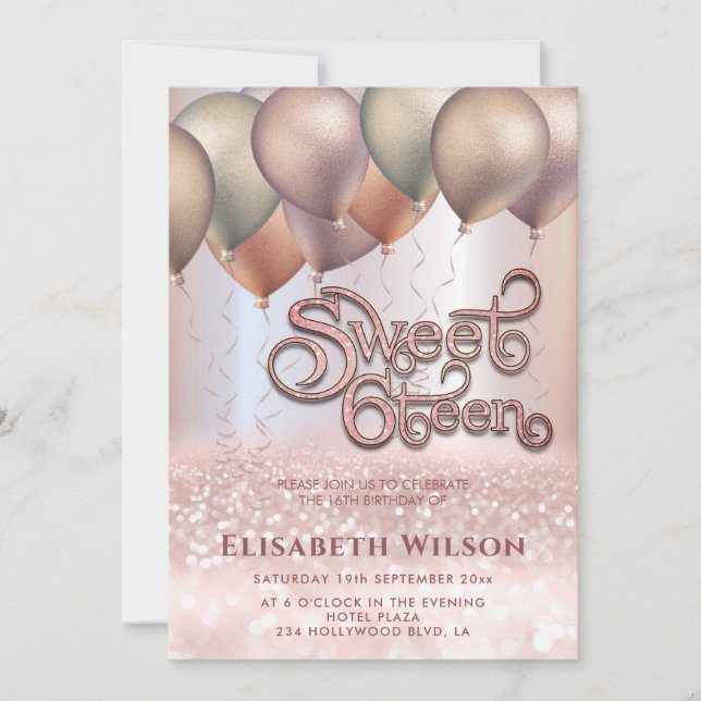Invitation Moderne Romantique Rose or glittery ombre ballon (Devant)