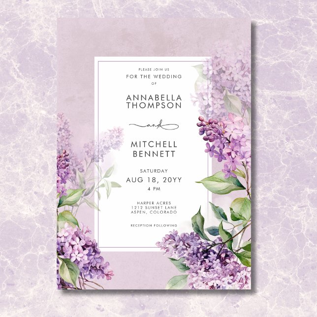 Invitation Moderne romantique violet & Mariage Lilacs de tail (Modern Romantic Purple & Sage Lilacs Wedding Invitation)