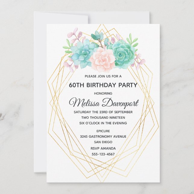Invitation Moderne rose et vert Succulents Aquarelle Annivers (Devant)