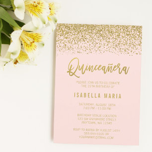 Invitation Moderne rose poudré et paillettes dorées Faux Quin