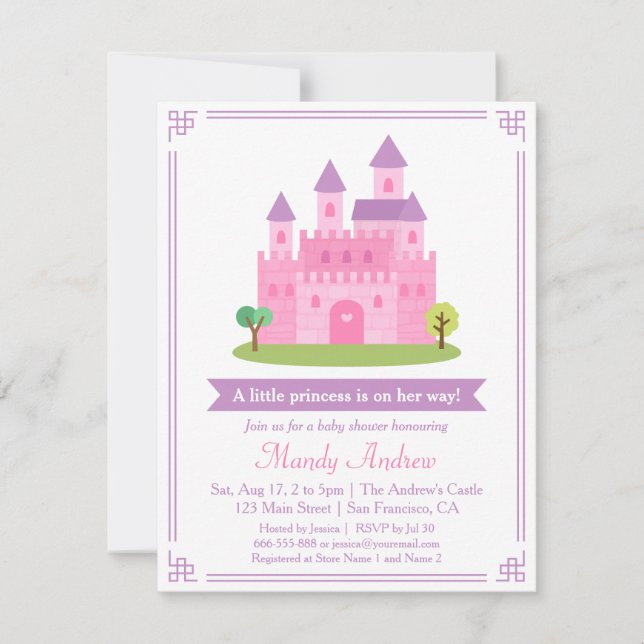Invitation Moderne Rose Princesse Castle Baby Girl Douche Par (Devant)