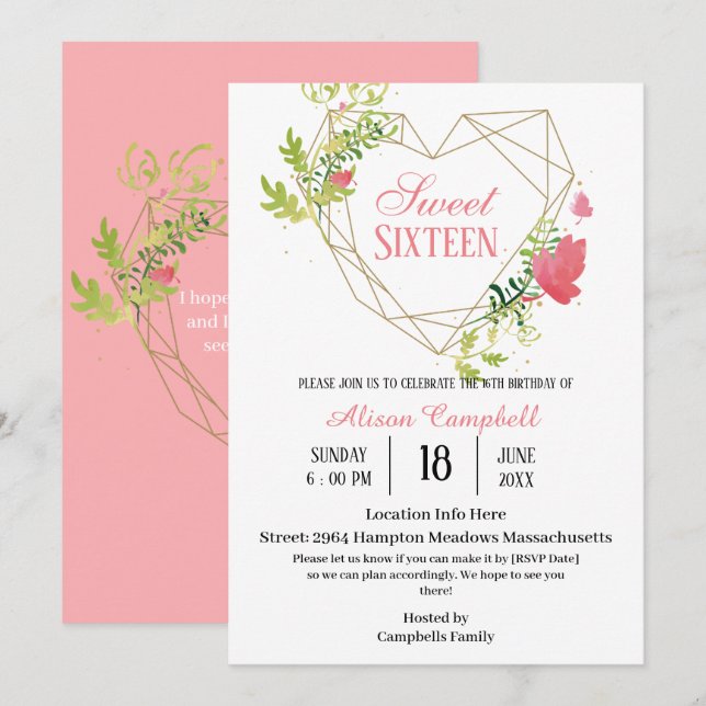 Invitation Moderne rose rose floral doux 16 Anniversaire (Devant / Derrière)
