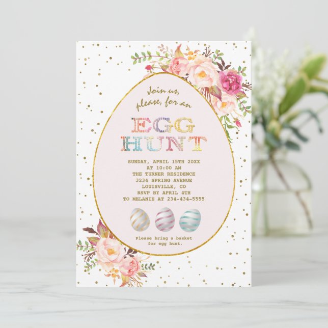 Invitation Moderne rose rouge floral rougeChasse aux oeufs d' (Debout devant)