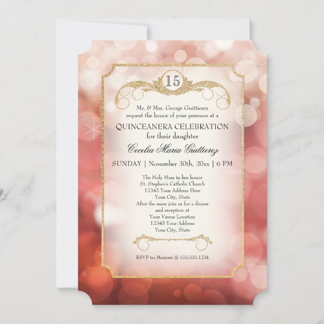 Invitation Moderne Rose scintillante Bokeh Étincelle Quincean (Devant)