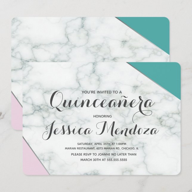 Invitation Moderne Rose Vert-Gris Marbre Quinceañera Douce 15 (Devant / Derrière)