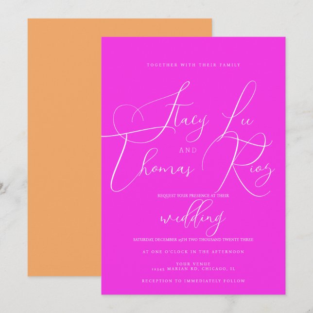 Invitation Moderne rose vif orange Joli Mariage de script (Devant / Derrière)