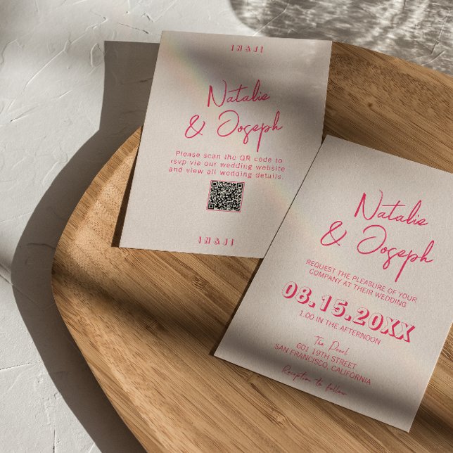 Invitation Moderne rose Whimsical brillant QR Code Mariage am (Créateur téléchargé)